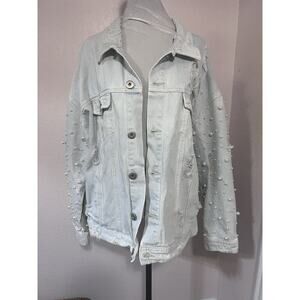 Pearl-Embellished Light Wash Denim Jacket - Women